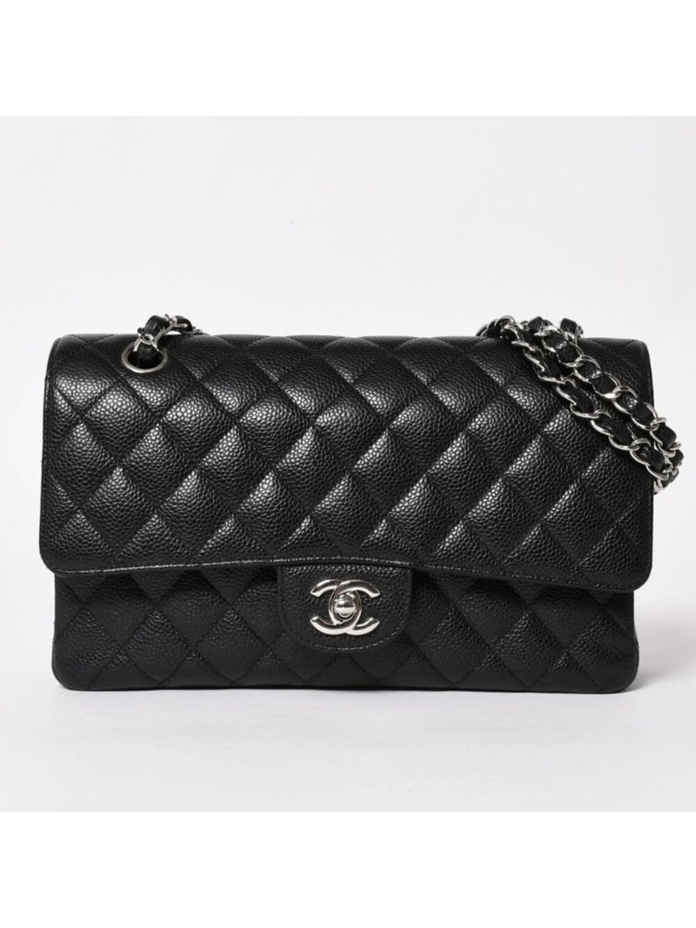 Chanel Quilted 25 Double Flap Chain Shoulder Bag CC Logo Caviar Leather Black